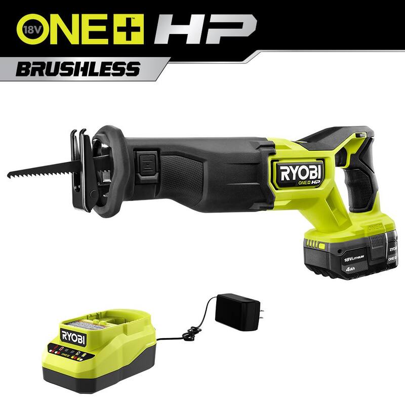 Sierra reciproca sin escobillas RYOBI ONE+ HP 18V inalámbrica con kit de sierra reciproca con (2) baterías de 4.0 Ah, 1 batería de 2.0 Ah y cargador - PBLRS01K3SB