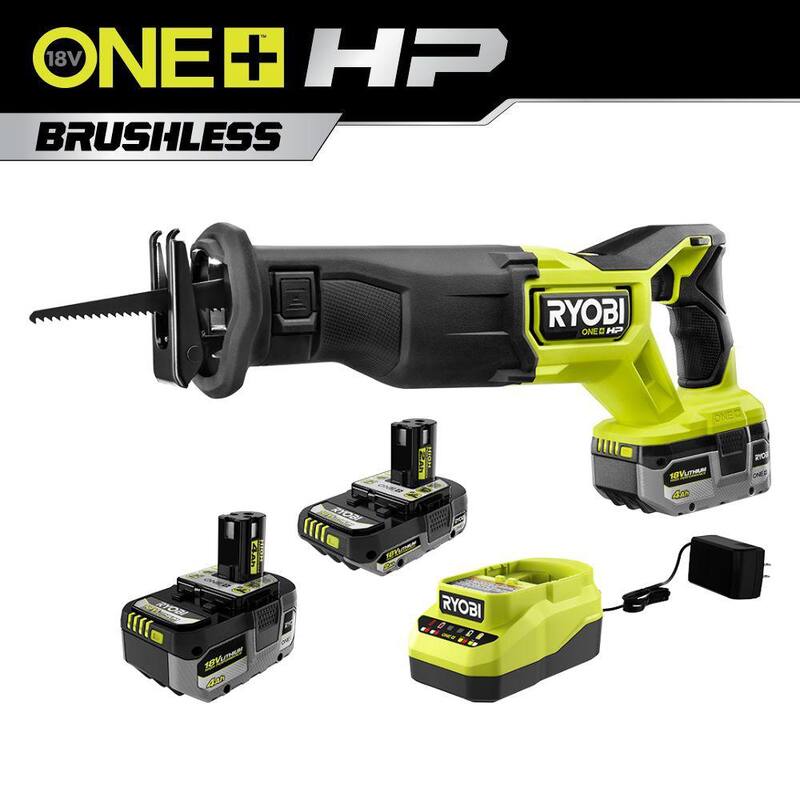 Sierra reciproca sin escobillas RYOBI ONE+ HP 18V inalámbrica con kit de sierra reciproca con (2) baterías de 4.0 Ah, 1 batería de 2.0 Ah y cargador - PBLRS01K3SB