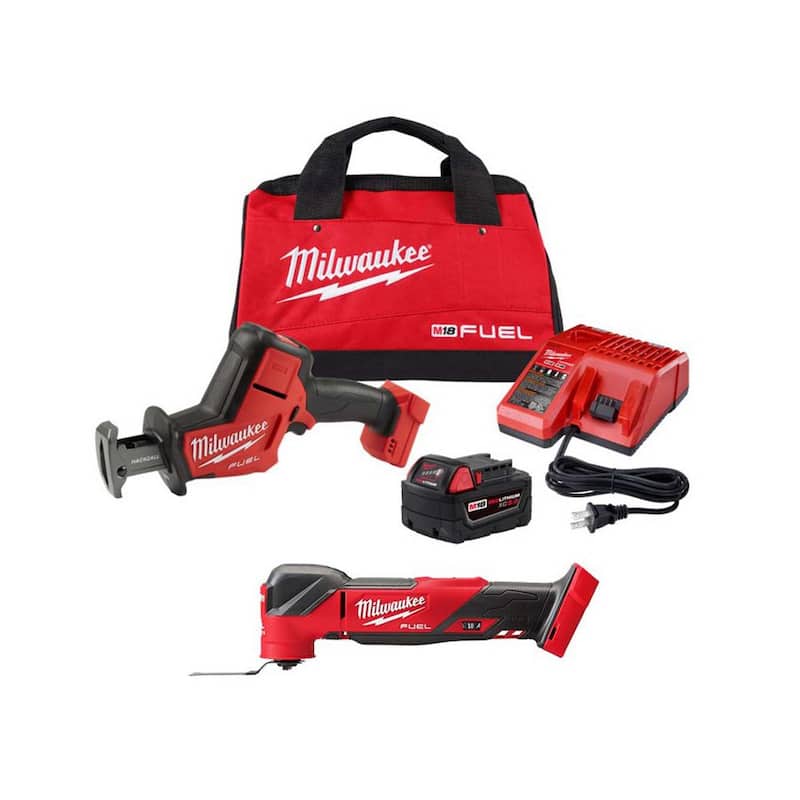 Sierra reciproca inalámbrica sin escobillas Milwaukee M18 FUEL 18V con batería de ion de litio, kit de sierra reciprocante HACKZALL y herramienta múltiple oscilante - 2719-21-2836-20
