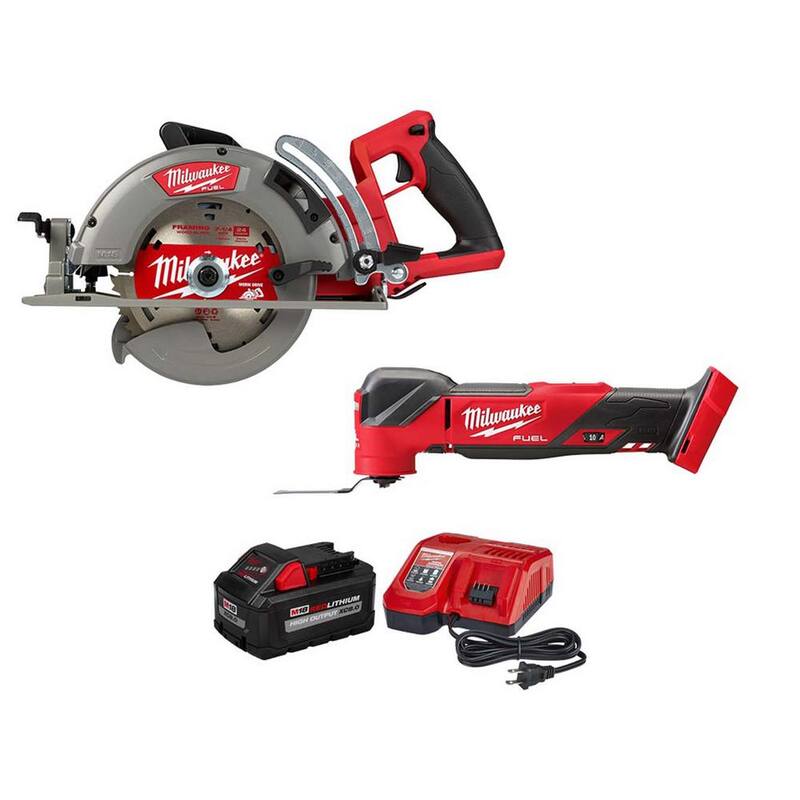 Sierra circular para madera Milwaukee M18 FUEL de 18 voltios, 7-1/4 pulgadas, inalámbrica con batería de iones de litio, mango posterior y herramienta multifunción oscilante con kit de inicio de 8.0Ah - 2830-20-2836-20-48-59-1880
