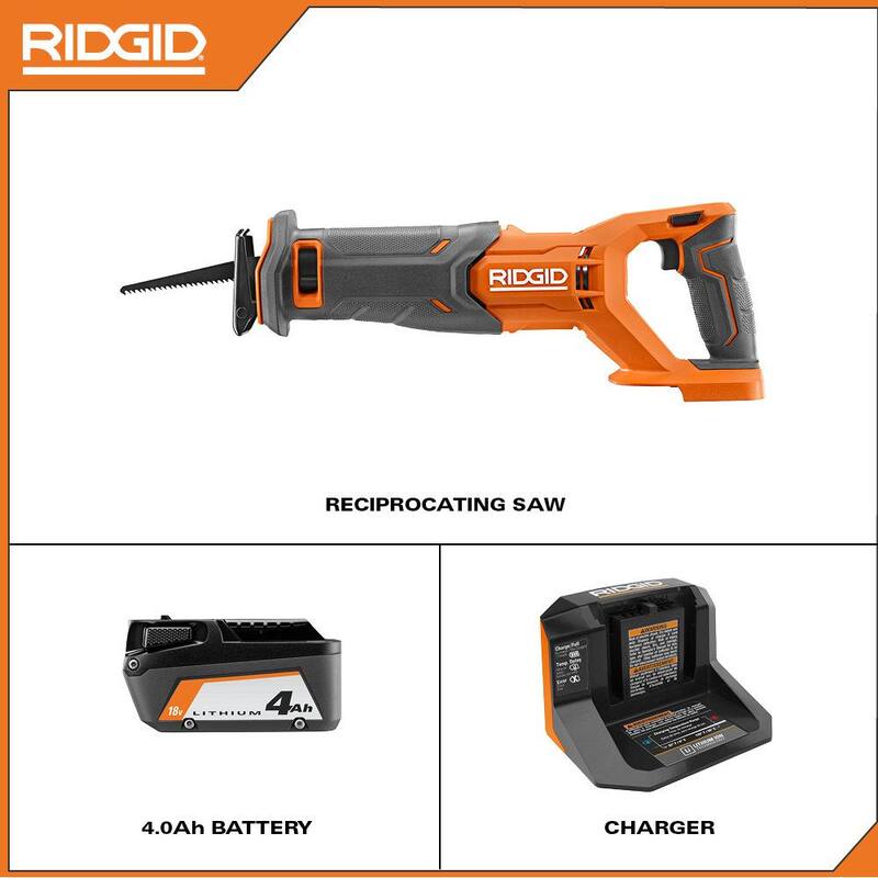 Sierra reciproca inalámbrica RIDGID de 18V con batería de 4.0 Ah y cargador - R8646KN