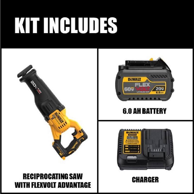 Sierra recíproca inalámbrica con batería de iones de litio de 20V MAX de DEWALT con tecnología sin escobillas y ventaja FLEXVOLT y kit de batería FLEXVOLT 6.0Ah - DCS386BW606C.