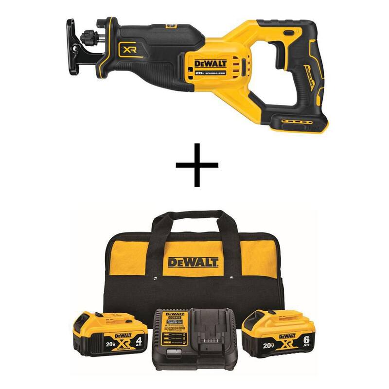 Sierra reciprocante inalámbrica sin escobillas DEWALT 20-Volt MAX XR con juego de inicio de baterías de iones de litio premium 6.0Ah y 4.0Ah de 20-Volt MAX XR - DCS382BWCB2460C