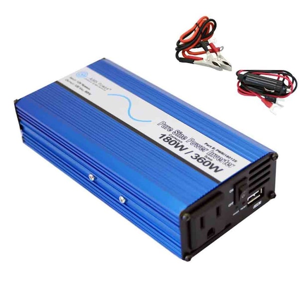 Aims Power Power Inverter, Pure Sine Wave, 350 W Peak, 180 W Continuous, 2 Outlets - PWRI18012S