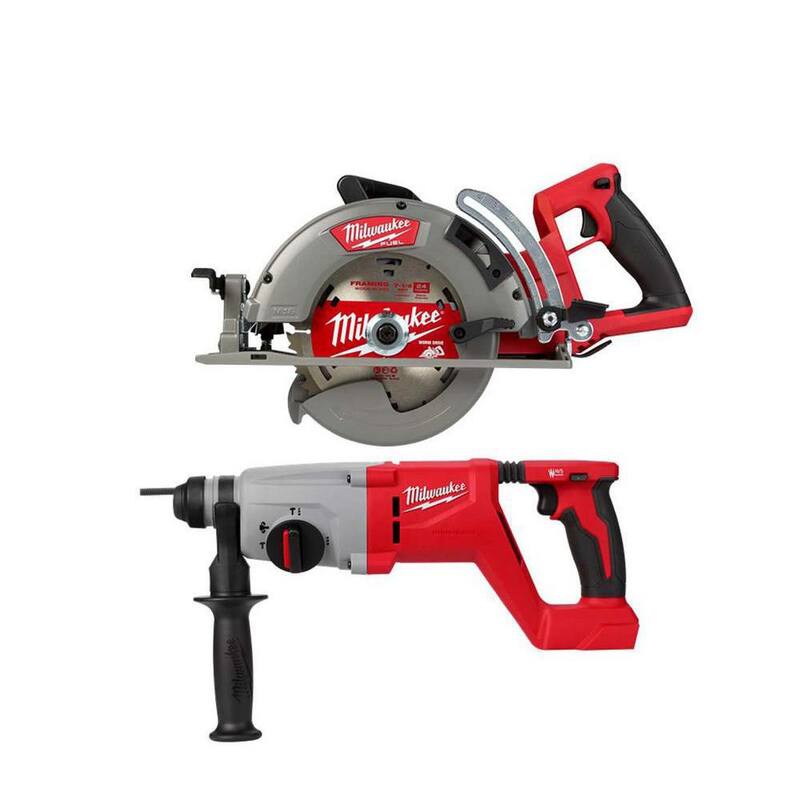 Sierra circular inalámbrica Milwaukee M18 FUEL de 18V de 7-1/4 pulgadas con mango trasero y martillo rotativo SDS Plus de 1 pulgada - 2830-20-2613-20