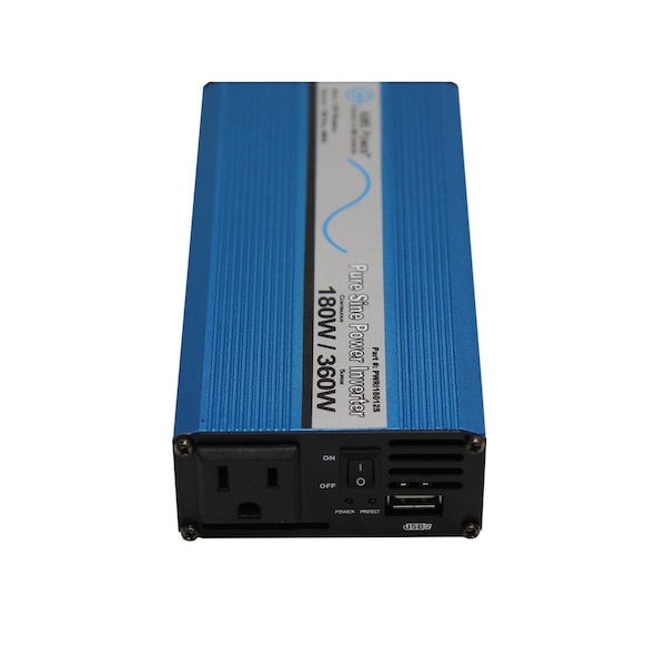 Aims Power Power Inverter, Pure Sine Wave, 350 W Peak, 180 W Continuous, 2 Outlets - PWRI18012S