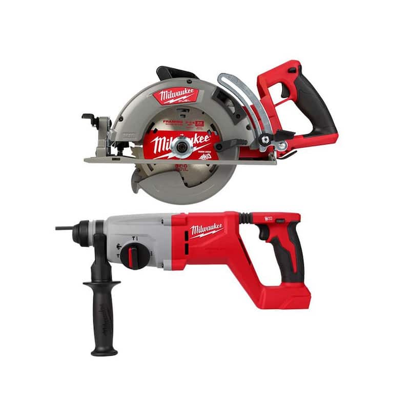 Sierra circular inalámbrica Milwaukee M18 FUEL de 18V de 7-1/4 pulgadas con mango trasero y martillo rotativo SDS Plus de 1 pulgada - 2830-20-2613-20