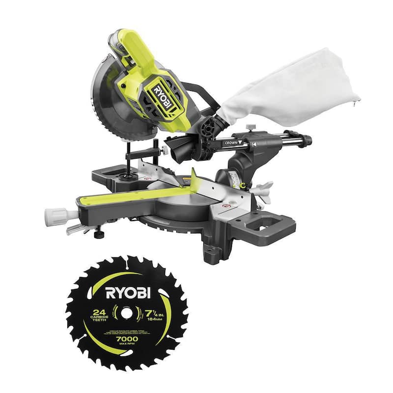 RYOBI ONE+ 18V Sierra ingleteadora compuesta deslizante inalámbrica de 7-1/4 pulgadas (herramienta solamente) con una cuchilla extra de 7-1/4 pulgadas (1 pieza) - PBT01B-A067101.