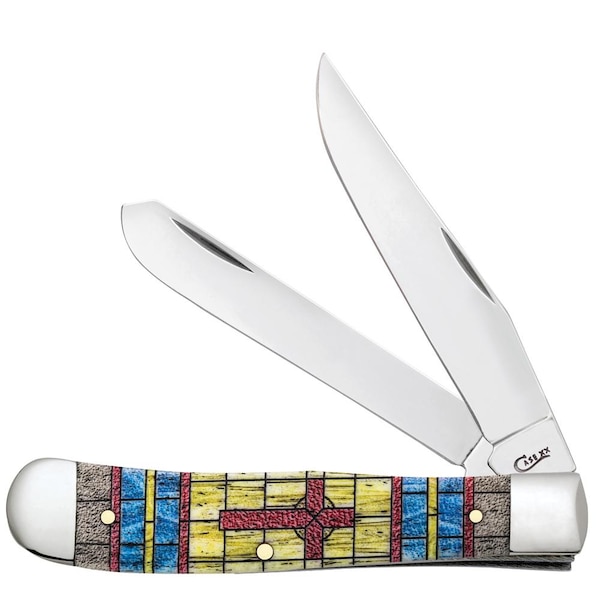 Case Cutlery Embellished Smooth Natural Bone Trapper 6254 S W/Color Wash/Black Definition Velvet Box Cross - CAS-38713