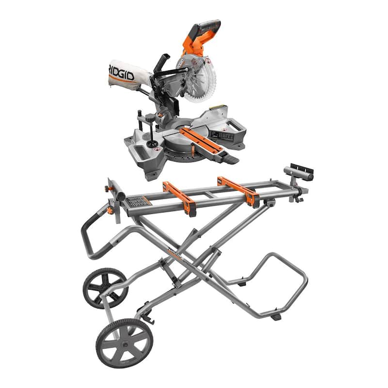 Sierra ingleteadora deslizante inalámbrica sin escobillas RIDGID de 18V y 7-1/4 pulgadas (herramienta solamente) con soporte universal para sierra ingleteadora móvil - R48607B-AC9946.