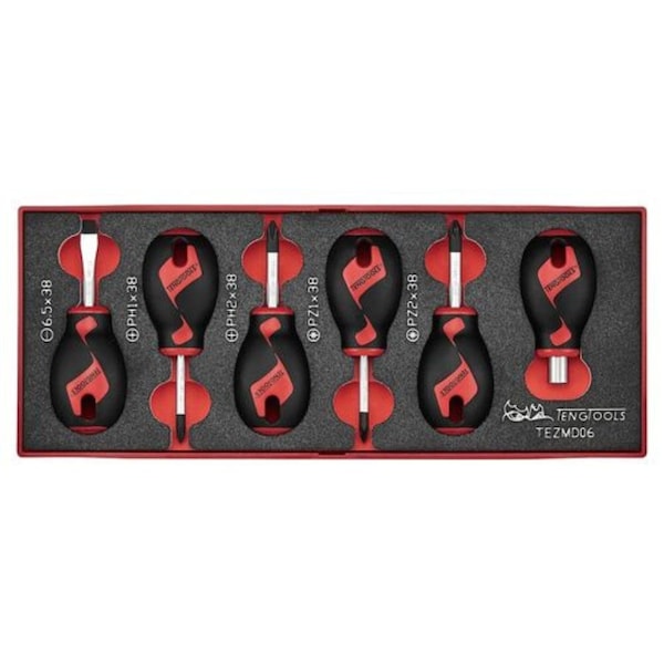Teng Tools 6 Piece Stubby Flat/Slotted, Phillips Ph, Pozidriv Pz Tip Head Screwdriver Foam Set - TEZMD06