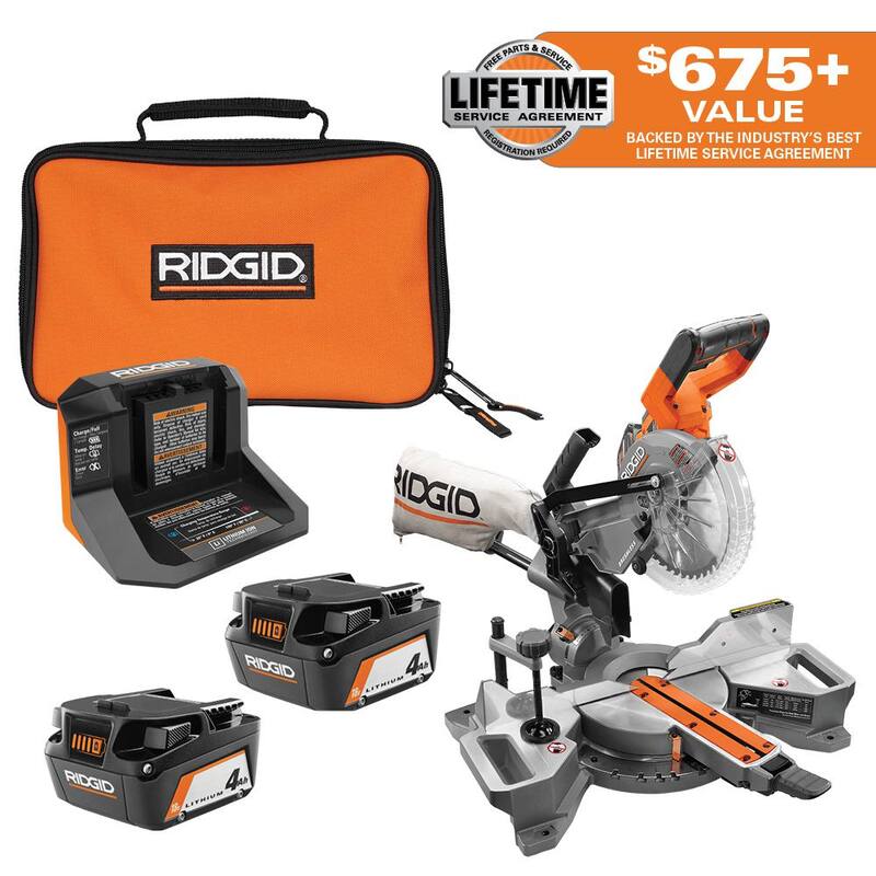 Juego de baterías y cargador RIDGID 18V (2) 4.0 Ah con sierra ingleteadora deslizante de bisel doble inalámbrica sin escobillas de 18V de 7-1/4 pulgadas - AC93044SBN-R48607B