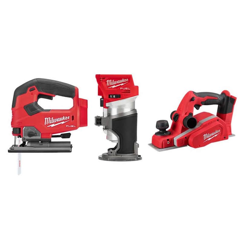 Paquete combo Milwaukee M18 FUEL 18V Lithium-Ion Brushless Cordless Jig Saw/Compact Router/3-1/4 in. Planer (3 herramientas) - 2737-20-2723-20-2623-20