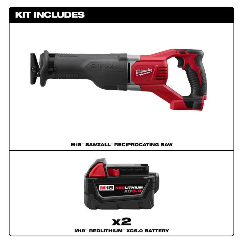 Sierra recíproca inalámbrica Milwaukee M18 18 volts de Ion de Litio con (2) baterías M18 5.0Ah - 2621-20-48-11-1852