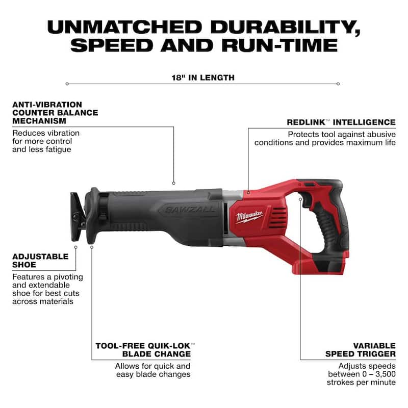 Sierra recíproca inalámbrica Milwaukee M18 18 volts de Ion de Litio con (2) baterías M18 5.0Ah - 2621-20-48-11-1852