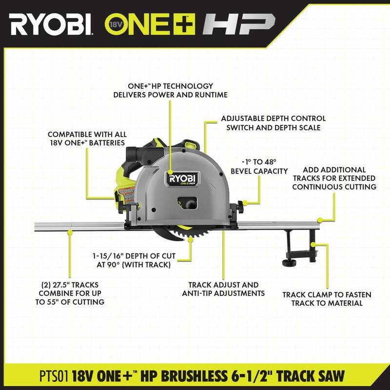 Sierra circular de riel inalámbrica sin cepillo de 18V RYOBI ONE+ HP 6-1/2 pulgadas (solo herramienta) - PTS01B