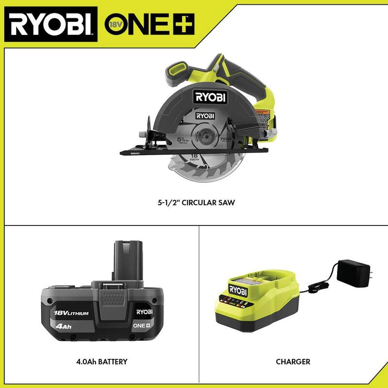 Sierra circular inalámbrica RYOBI ONE+ 18V de 5-1/2 pulgadas con kit de batería de 4.0 Ah y cargador - PCL500K1