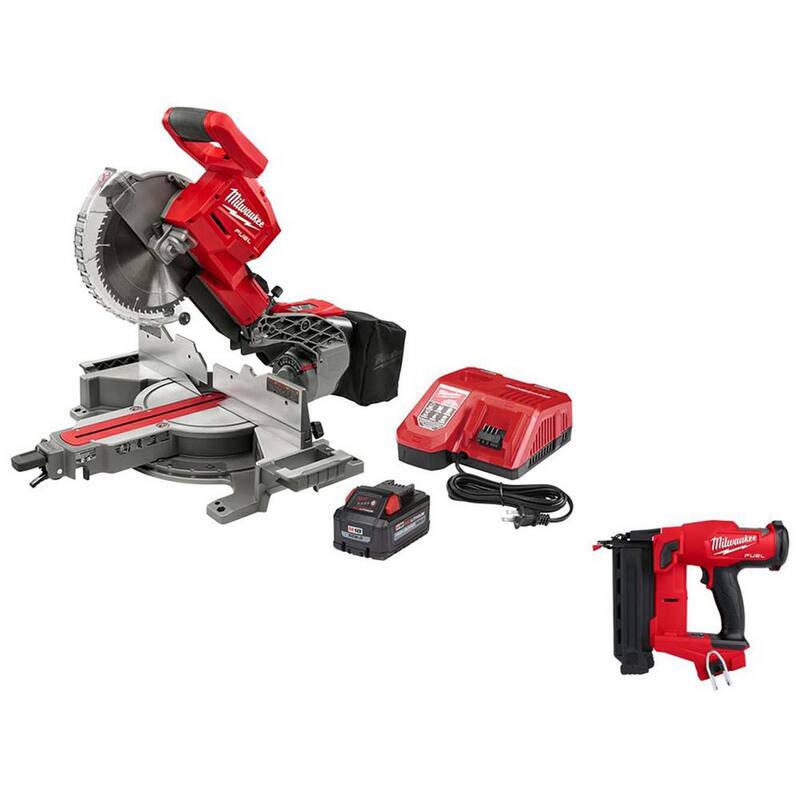 Sierra ingleteadora compuesta deslizante de doble bisel inalámbrica sin escobillas de 10 pulgadas de 18V con batería de litio Milwaukee M18 FUEL y clavadora de clavos 18GA M18 FUEL - 2734-21-2746-20