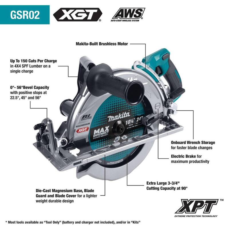 Sierra circular inalámbrica sin escobillas Makita 40V Max XGT con mango trasero y capacidad AWS de 10-1/4 pulgadas (herramienta solamente) - GSR02Z.