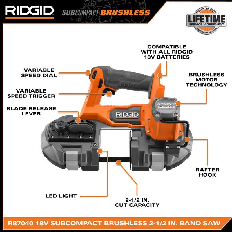 Sierra de banda inalámbrica sin escobillas y compacta de una mano RIDGID 18V (Herramienta solamente) - R87040B