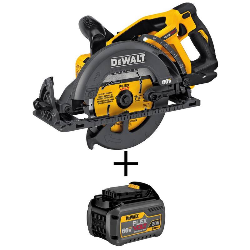 Sierra circular inalámbrica sin escobillas DEWALT FLEXVOLT 60V MAX de 7-1/4 pulgadas estilo Wormdrive y (1) batería FLEXVOLT 6.0Ah - DCS577W606.