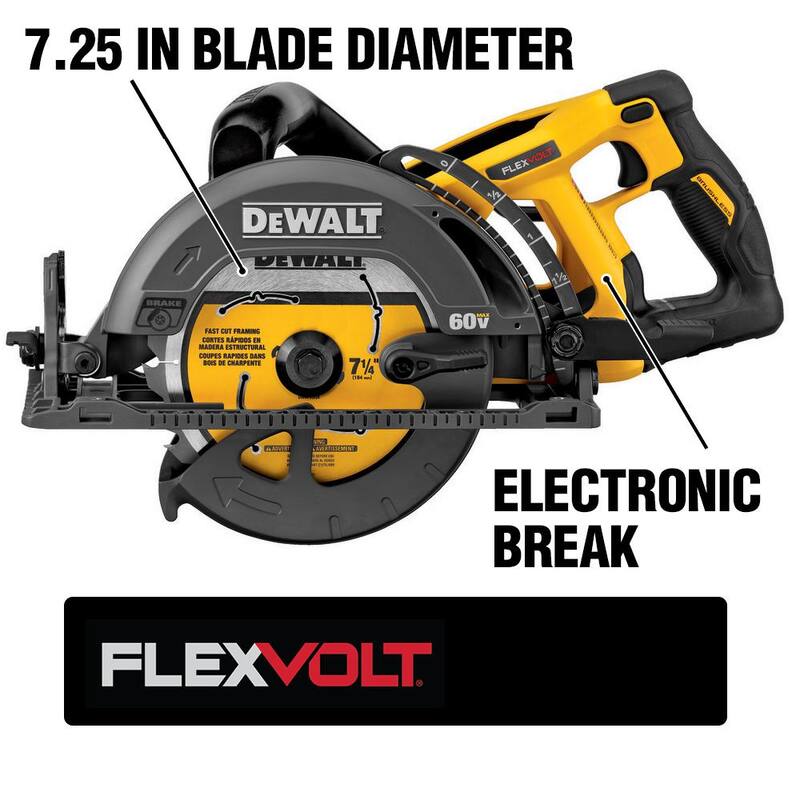 Sierra circular inalámbrica sin escobillas DEWALT FLEXVOLT 60V MAX de 7-1/4 pulgadas estilo Wormdrive y (1) batería FLEXVOLT 6.0Ah - DCS577W606.