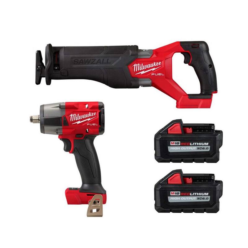 Milwaukee M18 FUEL GEN-2 18V Sierra de sable reciproca inalámbrica con motor Brushless de iones de litio con llave de impacto M18 de 1/2 pulgadas y (2) baterías - 2821-20-2962-20-48-11-1862.