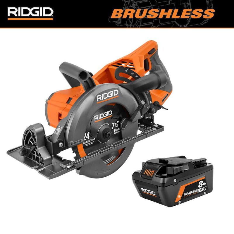 Sierra circular inalámbrica RIDGID 18V Brushless de 7-1/4 pulgadas con asa trasera y batería de iones de litio de 18V 8.0 Ah MAX Output EXP - R8658B-AC840080