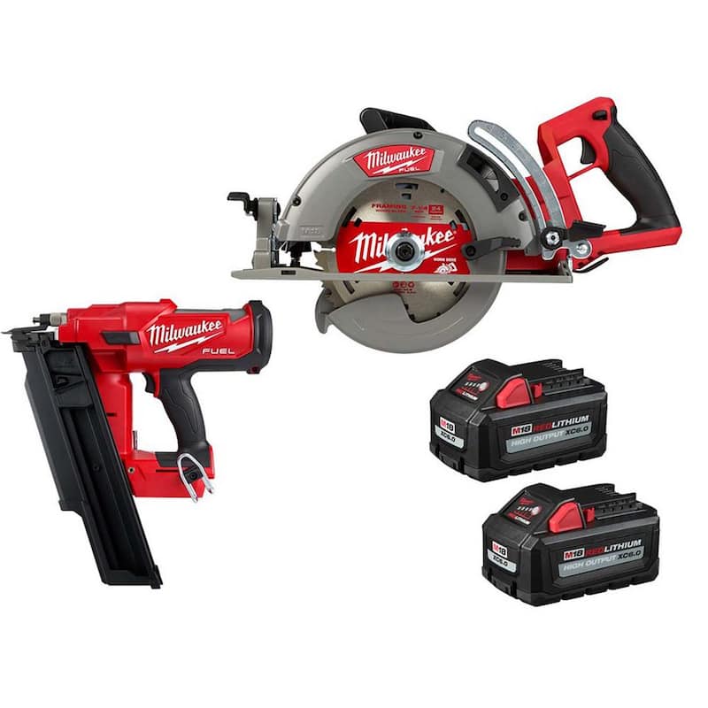Sierra circular inalámbrica Milwaukee M18 FUEL de 18V de 7-1/4 pulgadas con mango trasero, con clavadora de 21 grados de 3-1/2 pulgadas y dos baterías HO de 6 Ah - 2830-20-2744-20-48-11-1862