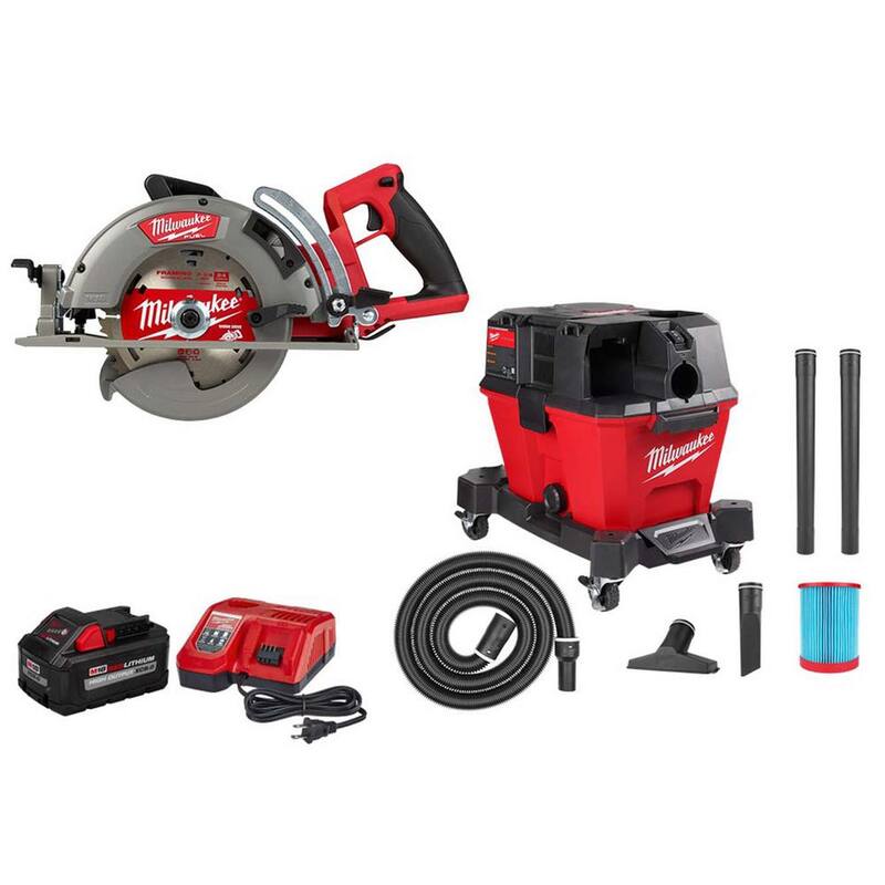 Sierra circular inalámbrica Milwaukee M18 FUEL de 18V con batería de iones de litio de 7-1/4 pulgadas con mango trasero, junto con la aspiradora húmeda/seca de 6 galones M18 FUEL y el kit de inicio de 8.0Ah - 2830-20-0910-20-48-59-1880.