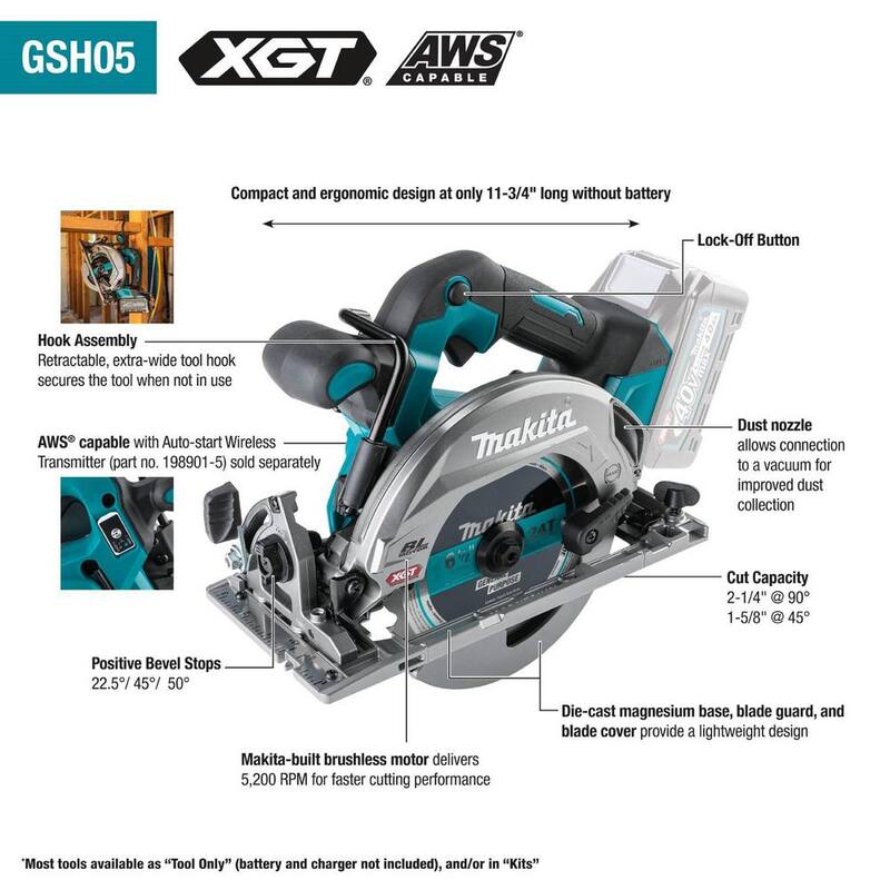 Sierra circular inalámbrica sin escobillas Makita 40V max XGT de 6-1/2 pulgadas, compatible con AWS, herramienta solamente - GSH05Z