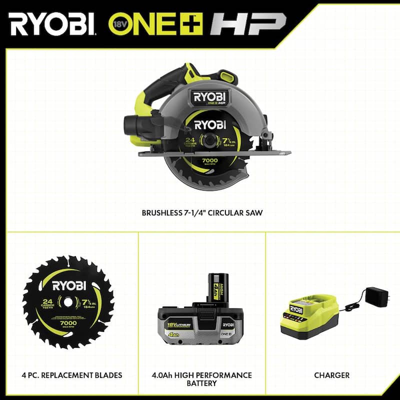 RYOBI ONE+ HP 18V Sierra circular inalámbrica sin escobillas de 7-1/4 in. Kit con batería de 4.0 Ah, cargador y (4 piezas) cuchillas de repuesto - PBLCS300K1-A067401