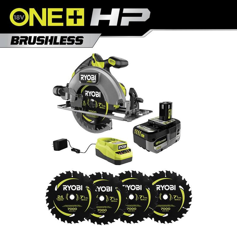 RYOBI ONE+ HP 18V Sierra circular inalámbrica sin escobillas de 7-1/4 in. Kit con batería de 4.0 Ah, cargador y (4 piezas) cuchillas de repuesto - PBLCS300K1-A067401
