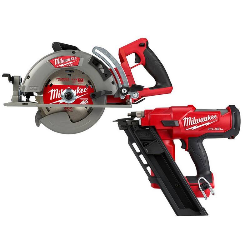 Sierra circular inalámbrica de manija trasera Milwaukee M18 FUEL 18V de 7-1/4 pulgadas con clavadora de 30 grados para estructuras (2 herramientas) - 2830-20-2745-20