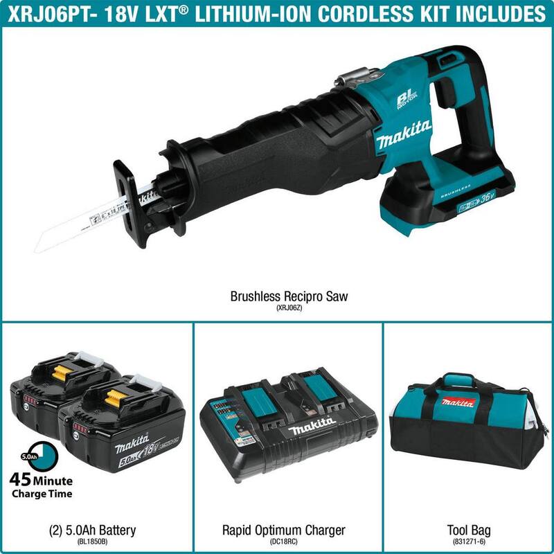 Sierra sable inalámbrica Makita 18V X2 LXT de iones de litio (36V) sin escobillas, kit con 2 baterías 5.0Ah y cargador - XRJ06PT
