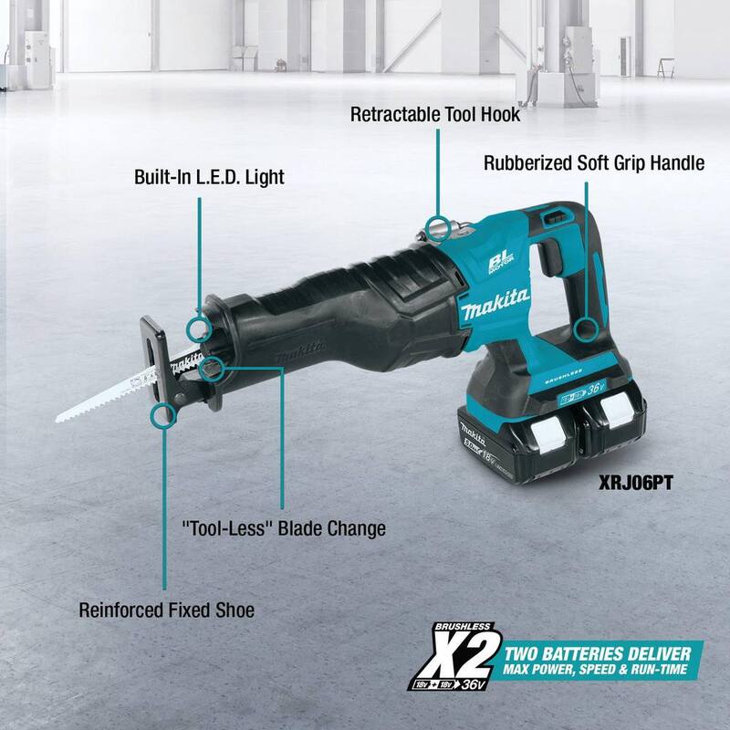 Sierra sable inalámbrica Makita 18V X2 LXT de iones de litio (36V) sin escobillas, kit con 2 baterías 5.0Ah y cargador - XRJ06PT