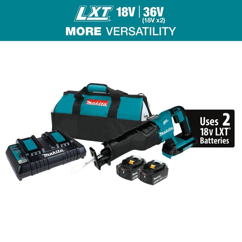 Sierra sable inalámbrica Makita 18V X2 LXT de iones de litio (36V) sin escobillas, kit con 2 baterías 5.0Ah y cargador - XRJ06PT