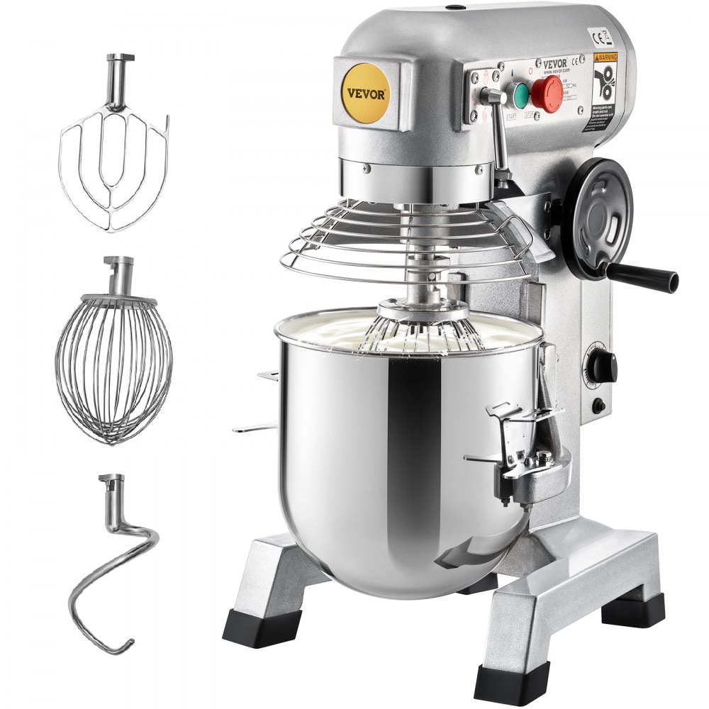 VEVOR Commercial Food Mixer, 10Qt Commercial Mixer with Timing Function, 450W Stainless Steel Bowl Heavy Duty Electric Food Mixer Commercial with 3 Speeds Adjustable 113/184/341 RPM, Dough Hook Whisk Beater Included, Perfect for Bakery Pizzeria - DDSYJ10QT110VDXFJV1