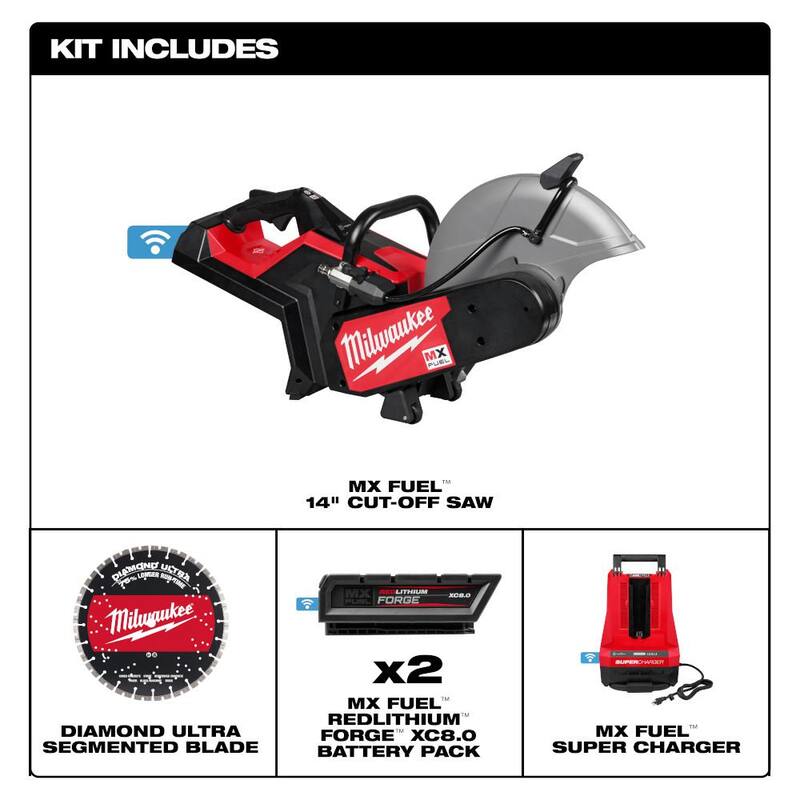 Sierra de corte Milwaukee MX FUEL de 14 pulgadas con kit de sierra de corte con baterías XC8.0 (3), extensión de batería portátil (1) y super cargador (1) - MXF315-2XC-MXF010-0-MXFXC608.