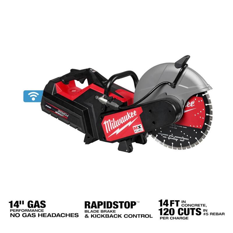 Sierra de corte Milwaukee MX FUEL de 14 pulgadas con kit de sierra de corte con baterías XC8.0 (3), extensión de batería portátil (1) y super cargador (1) - MXF315-2XC-MXF010-0-MXFXC608.