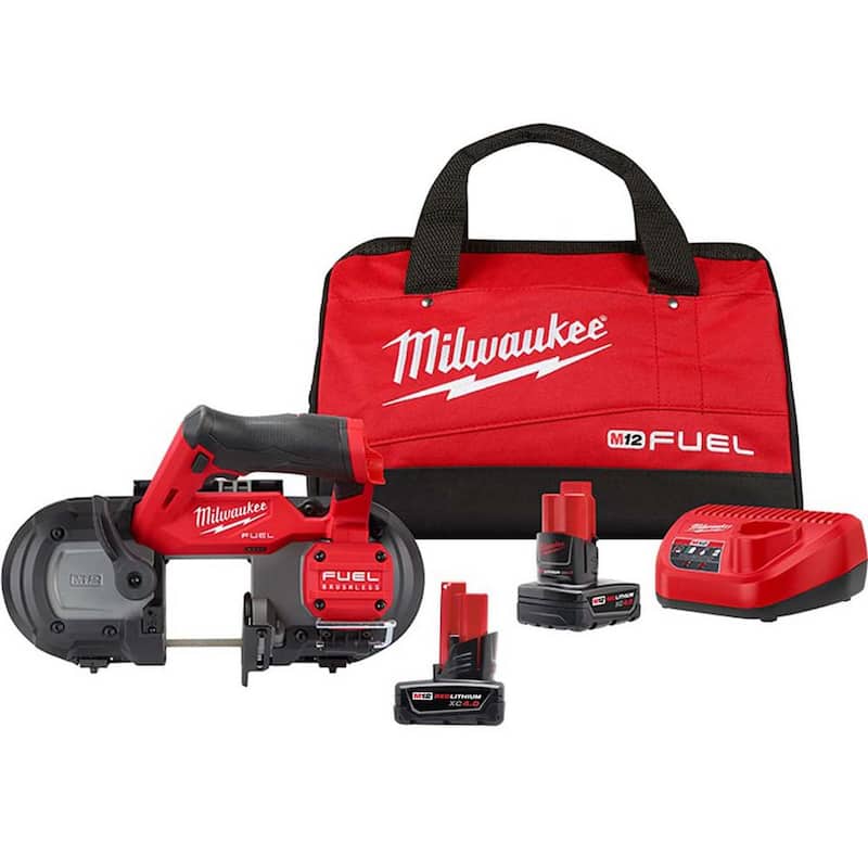 Milwaukee M12 FUEL Sierra de cinta compacta inalámbrica de 12 voltios de iones de litio XC Kit con (2) Batería de 4.0 Ah, Cargador y Bolsa - 2529-21XC-48-11-2440
