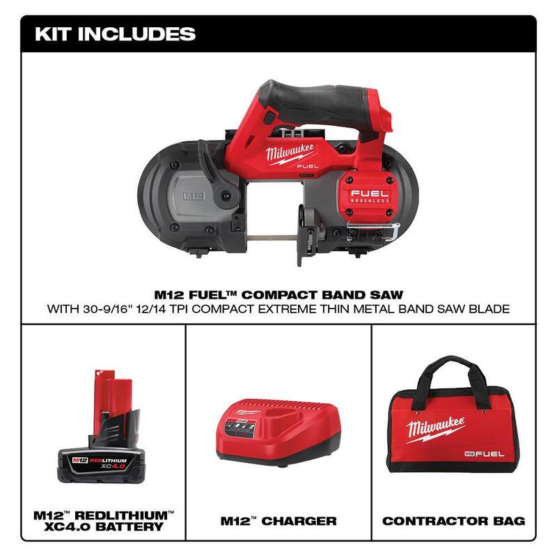 Milwaukee M12 FUEL Sierra de cinta compacta inalámbrica de 12 voltios de iones de litio XC Kit con (2) Batería de 4.0 Ah, Cargador y Bolsa - 2529-21XC-48-11-2440