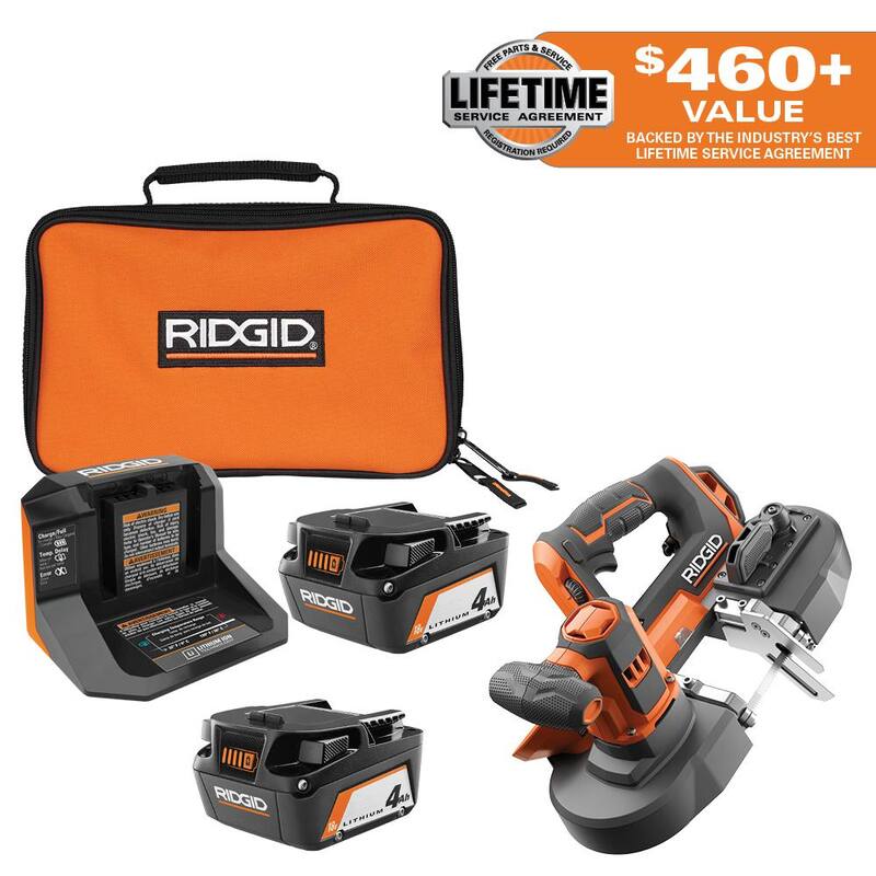 Kit de baterías RIDGID 18V (2) 4.0 Ah y cargador con sierra de banda compacta de 18V - AC93044SBN-R8604B