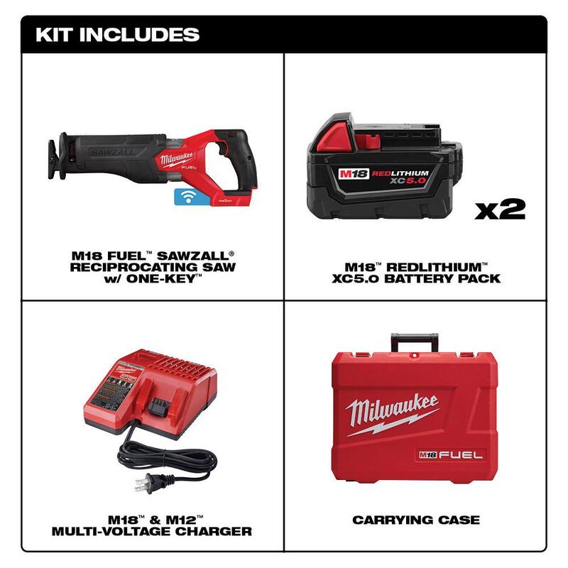 Milwaukee M18 FUEL ONE-KEY 18V Sierra recíproca inalámbrica SAWZALL con motor sin escobillas de iones de litio, Kit con dos baterías de 5.0 Ah, estuche - 2822-22.