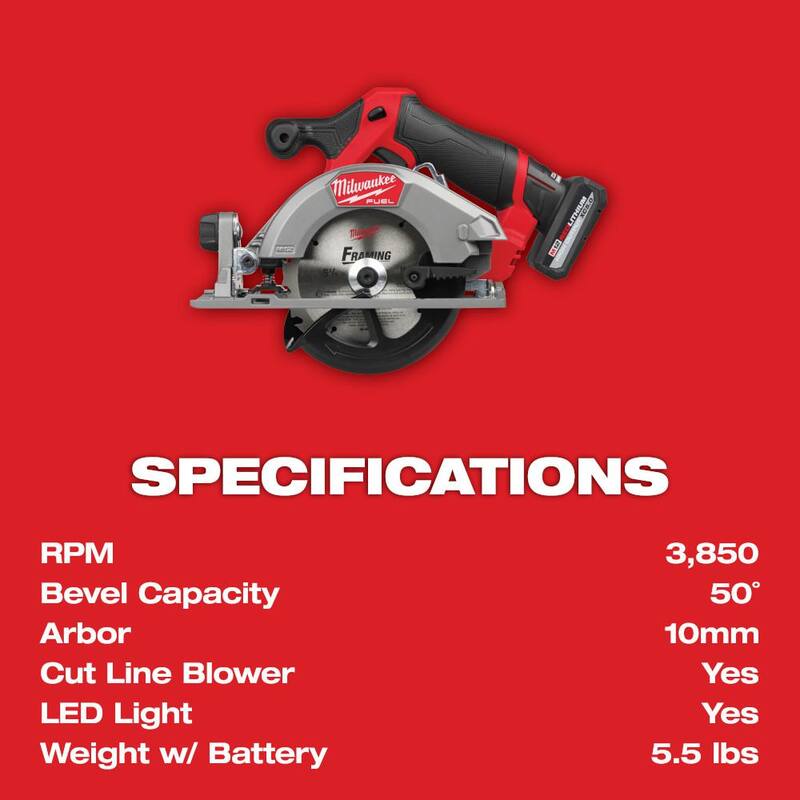Sierra circular inalámbrica Milwaukee M12 FUEL 12V de 5-3/8 pulgadas con motor sin escobillas de iones de litio, kit con paquete de batería de alta capacidad XC 5.0 y cargador - 2521-21HO