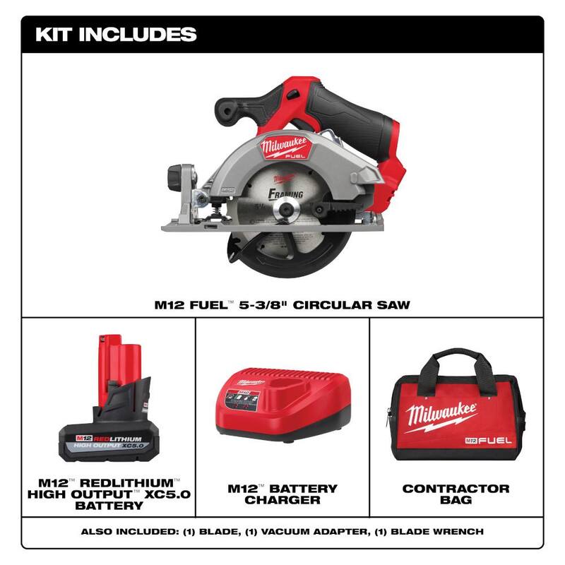 Sierra circular inalámbrica Milwaukee M12 FUEL 12V de 5-3/8 pulgadas con motor sin escobillas de iones de litio, kit con paquete de batería de alta capacidad XC 5.0 y cargador - 2521-21HO