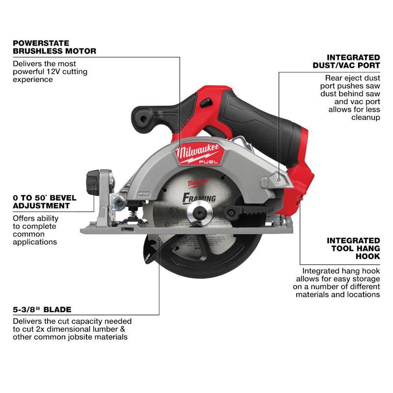 Sierra circular inalámbrica Milwaukee M12 FUEL 12V de 5-3/8 pulgadas con motor sin escobillas de iones de litio, kit con paquete de batería de alta capacidad XC 5.0 y cargador - 2521-21HO