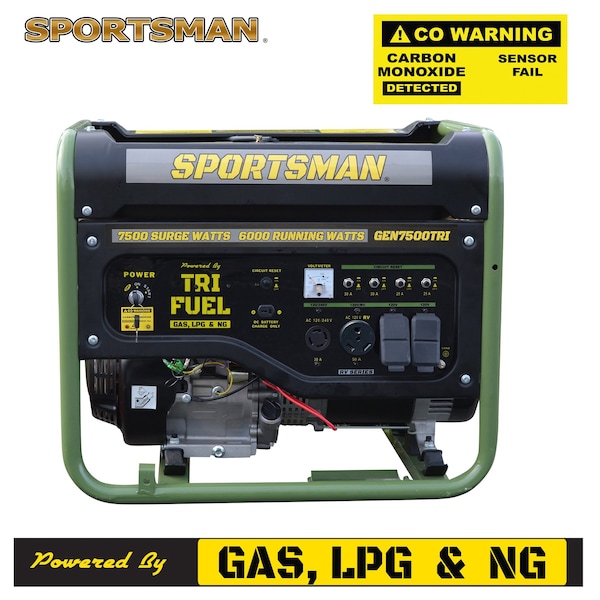 Sportsman Portable and Inverter Generator, Gasoline/Propane (LPG)/Natural Gas, 6,000 W Rated, 7,500 W Surge - GEN7500TRI