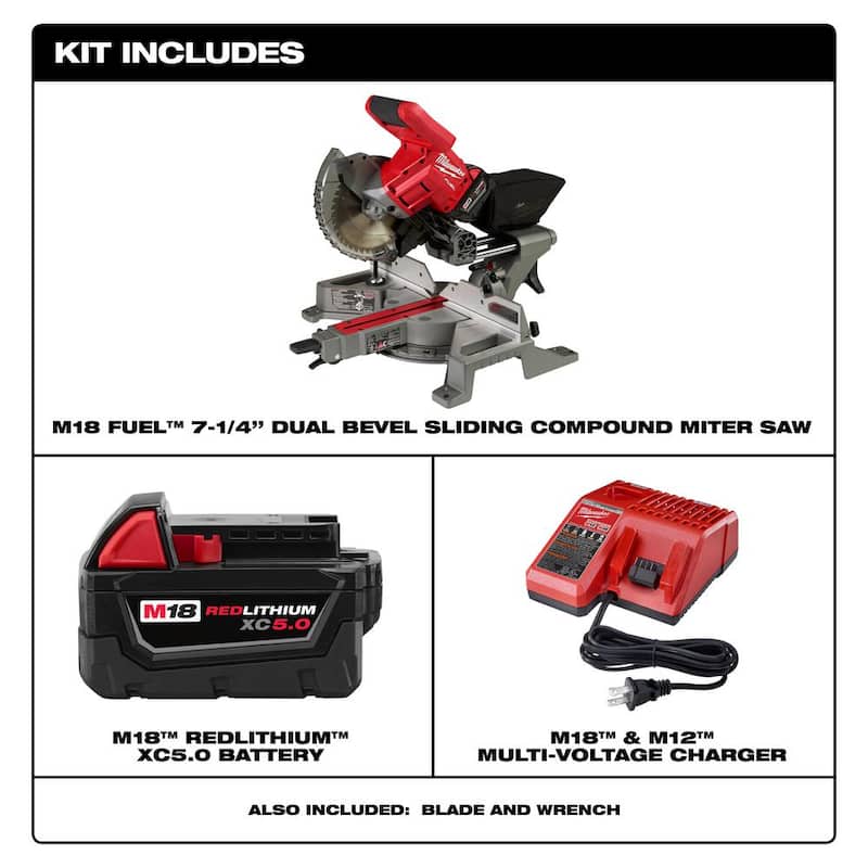 Sierra ingleteadora compuesta deslizante de bisel doble inalámbrica sin escobillas de litio Milwaukee M18 FUEL de 18V de 7-1/4 pulgadas con kit de base, batería - 2733-21-48-08-0551.