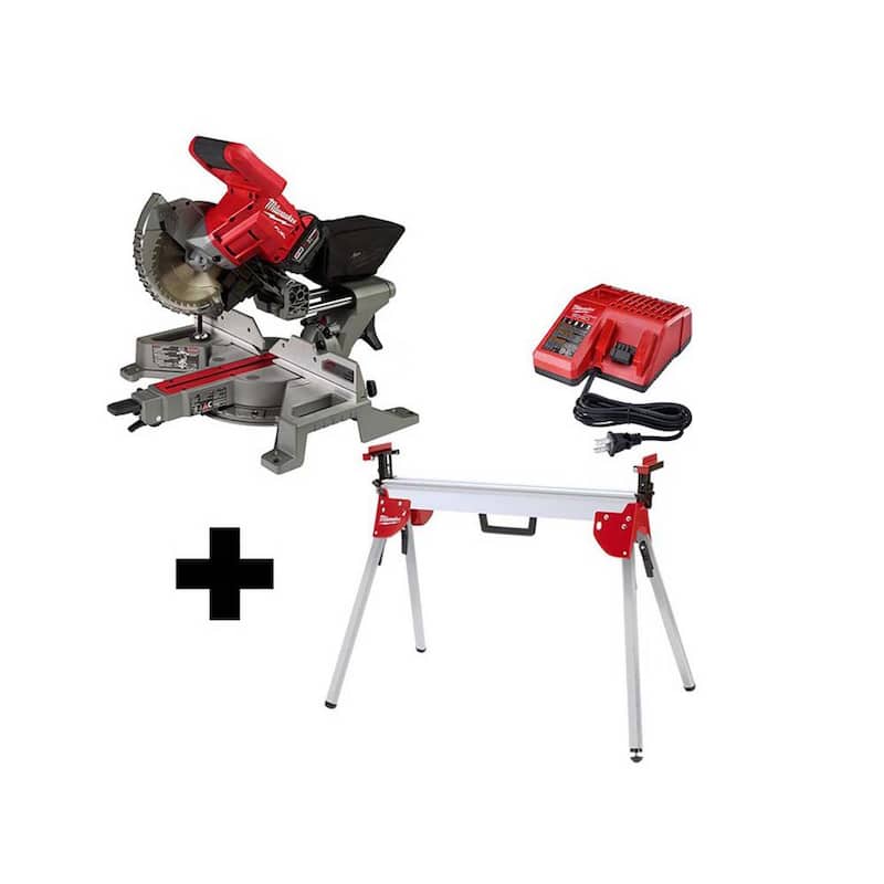 Sierra ingleteadora compuesta deslizante de bisel doble inalámbrica sin escobillas de litio Milwaukee M18 FUEL de 18V de 7-1/4 pulgadas con kit de base, batería - 2733-21-48-08-0551.